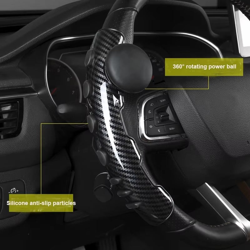 Two Part Carbon Steering Wheel Cover With Spinner Knob – 360° Rotating Power Handle for Smooth Driving, Non-Slip Universal Fit