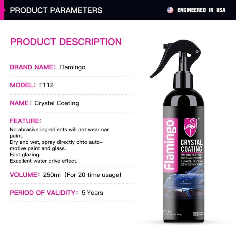 Flamingo Crystal Coating 250ml, Ceramic Coating for Motorcycle Car Paint Care Nano Hydrophobic Coating Waterproof High Gloss Shine Liquid Polish Wax