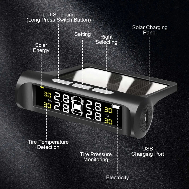 TPMS Car Tire Pressure Monitoring System With Clock – Solar-Powered for Real-Time Monitoring