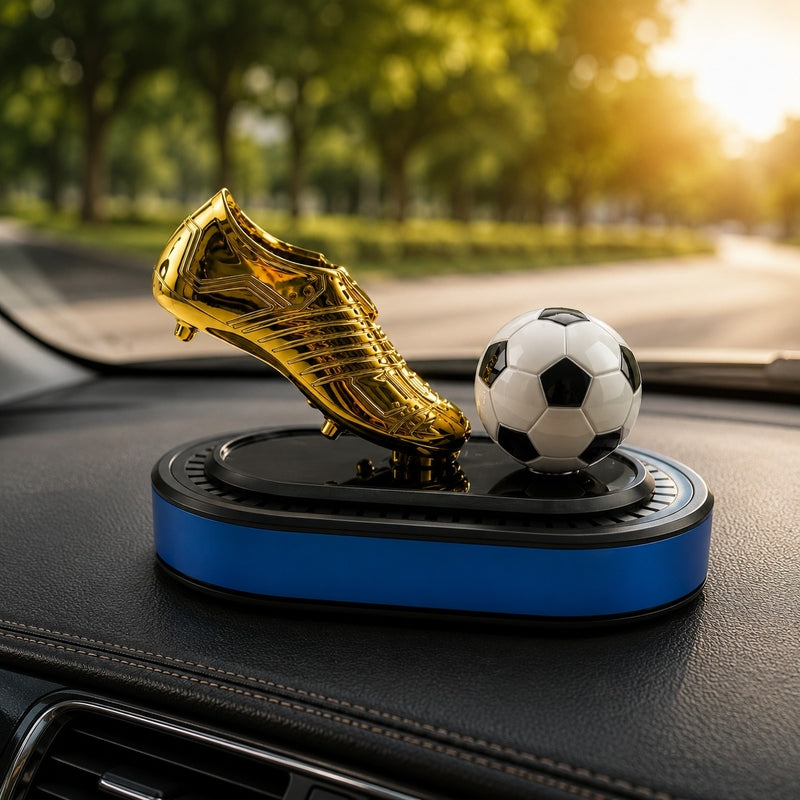 Football Lover Golden Boot Car Dashboard Showpiece – Solar Powered Rotating ball Dashboard Ornament with Air Freshner