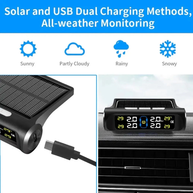 TPMS Car Tire Pressure Monitoring System With Clock – Solar-Powered for Real-Time Monitoring