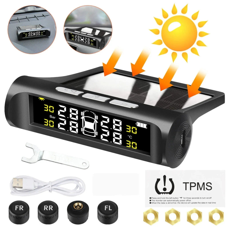 TPMS Car Tire Pressure Monitoring System With Clock – Solar-Powered for Real-Time Monitoring