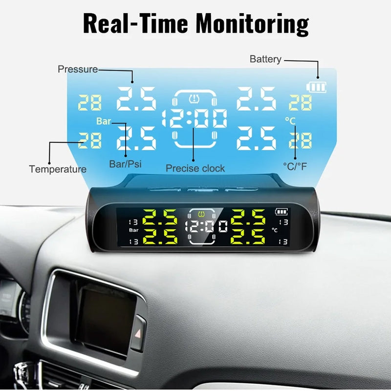 TPMS Car Tire Pressure Monitoring System With Clock – Solar-Powered for Real-Time Monitoring