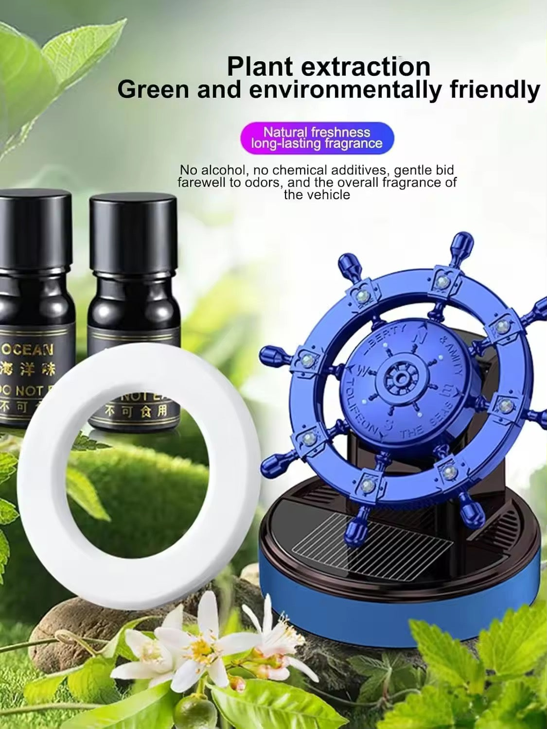 Solar Rotating Ship Wheel Car Air Freshener – Luxury Dashboard Perfume with Compass Design