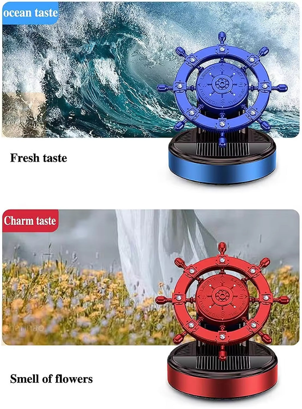 Solar Rotating Ship Wheel Car Air Freshener – Luxury Dashboard Perfume with Compass Design