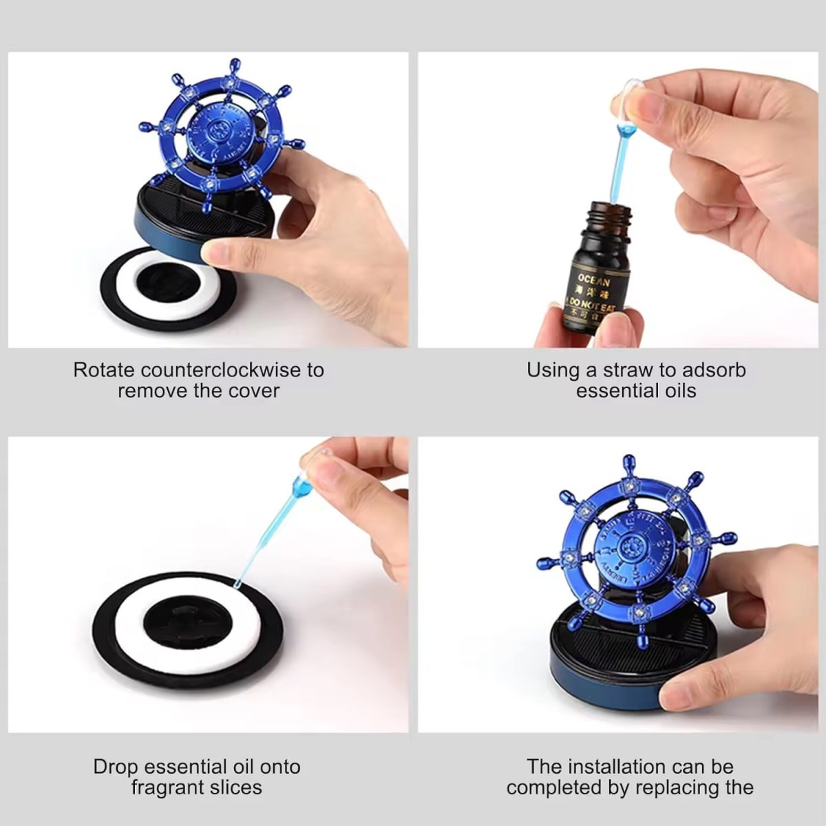Solar Rotating Ship Wheel Car Air Freshener – Luxury Dashboard Perfume with Compass Design