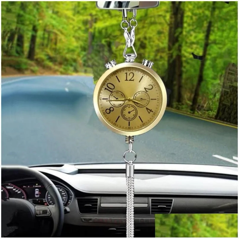 Car Clock Hanging Perfume Car Rearview Mirror Decoration 3in 1 Golden Color