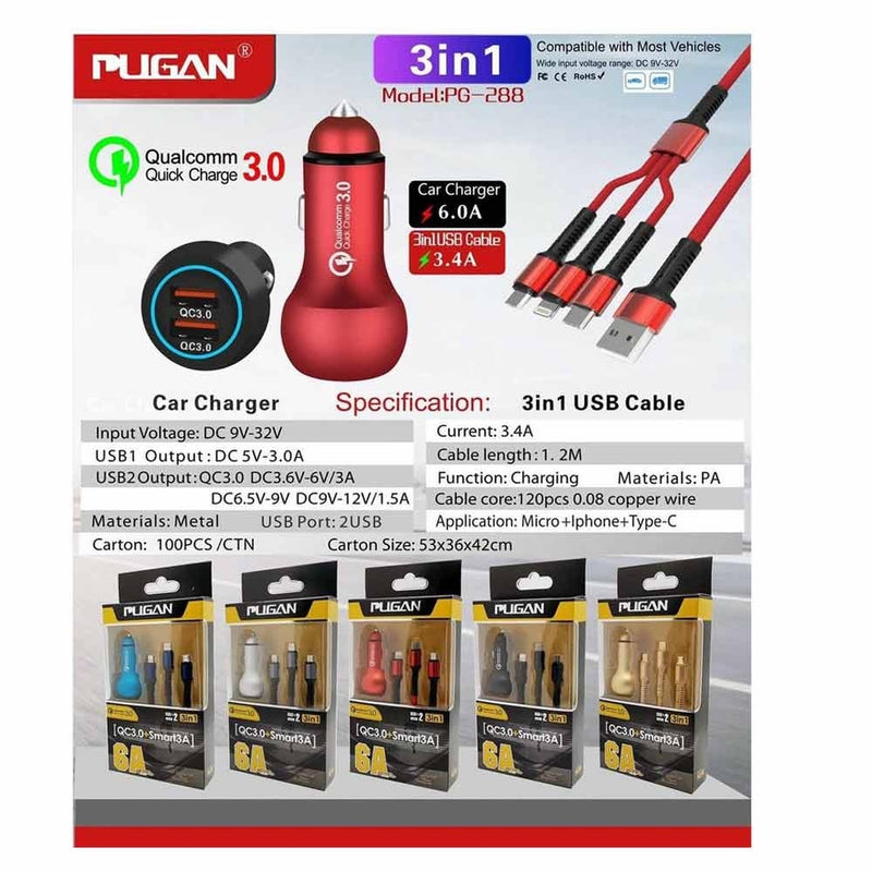 3 in 1 Pugan USB Car Fast Charger – 6A – Charge Your Devices On-the-Go!
