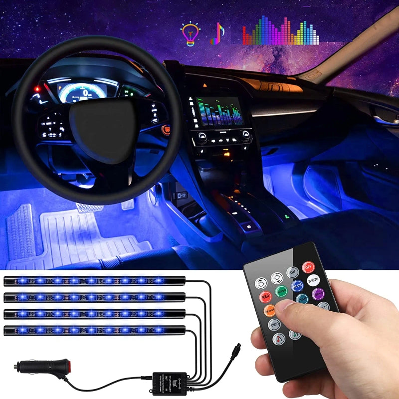Car Interior RGB Atmosphere Lights – 4pcs Multi-Color Music Sync Neon Strip Lights