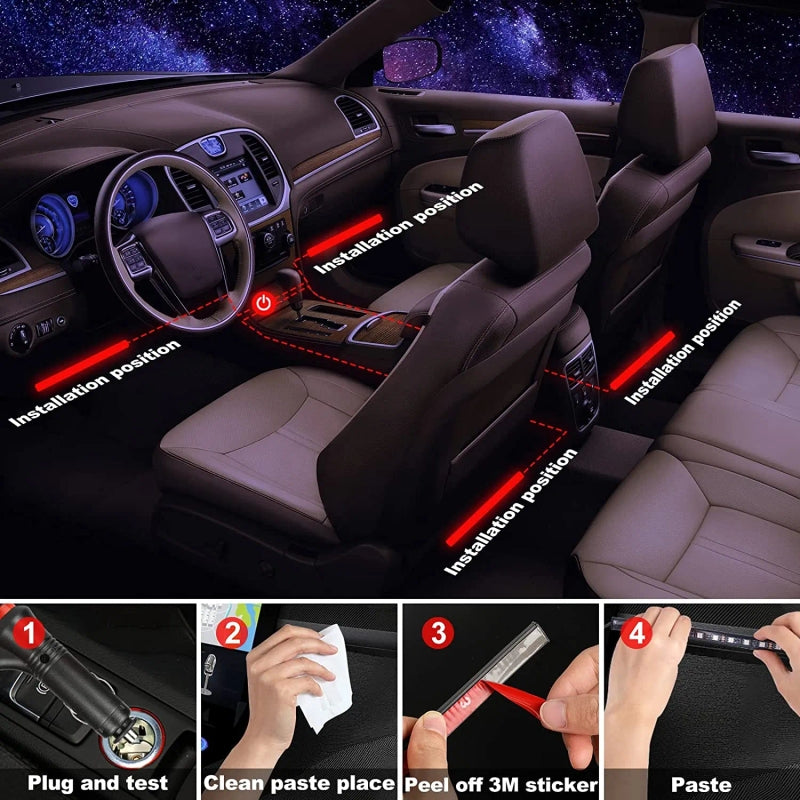 Car Interior RGB Atmosphere Lights – 4pcs Multi-Color Music Sync Neon Strip Lights