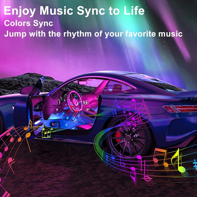 Car Interior RGB Atmosphere Lights – 4pcs Multi-Color Music Sync Neon Strip Lights