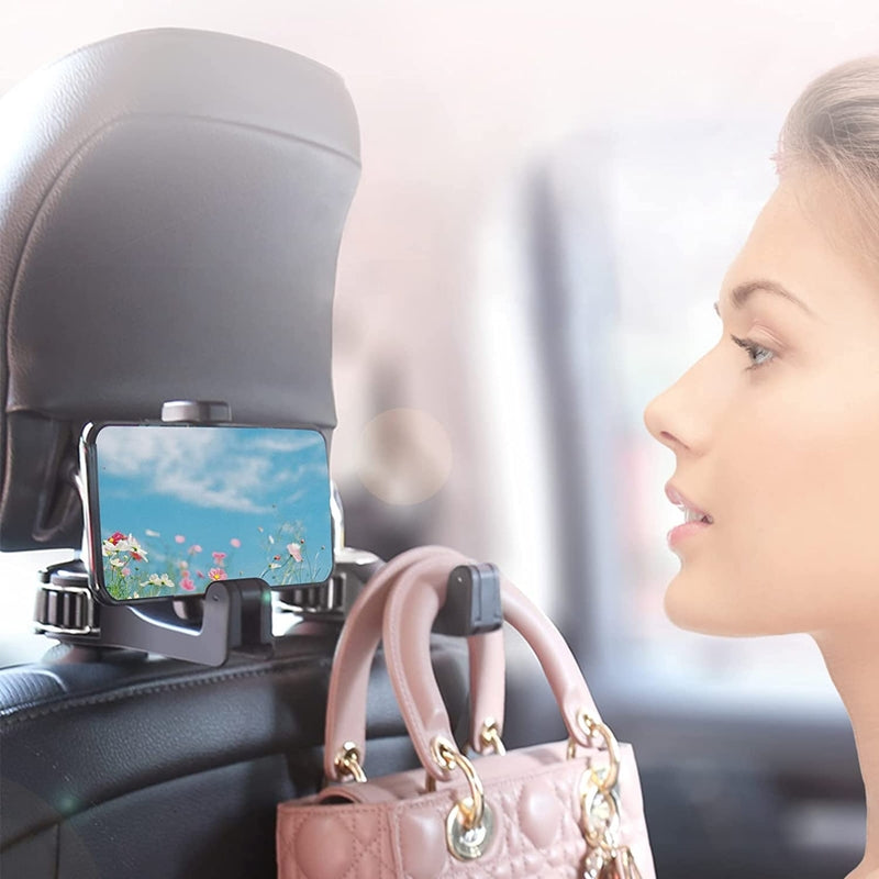 2 in 1 Car Headrest Hook with Phone Holder, Car back Seat Hooks for Purses and Bags, 360° Rotation 1ps