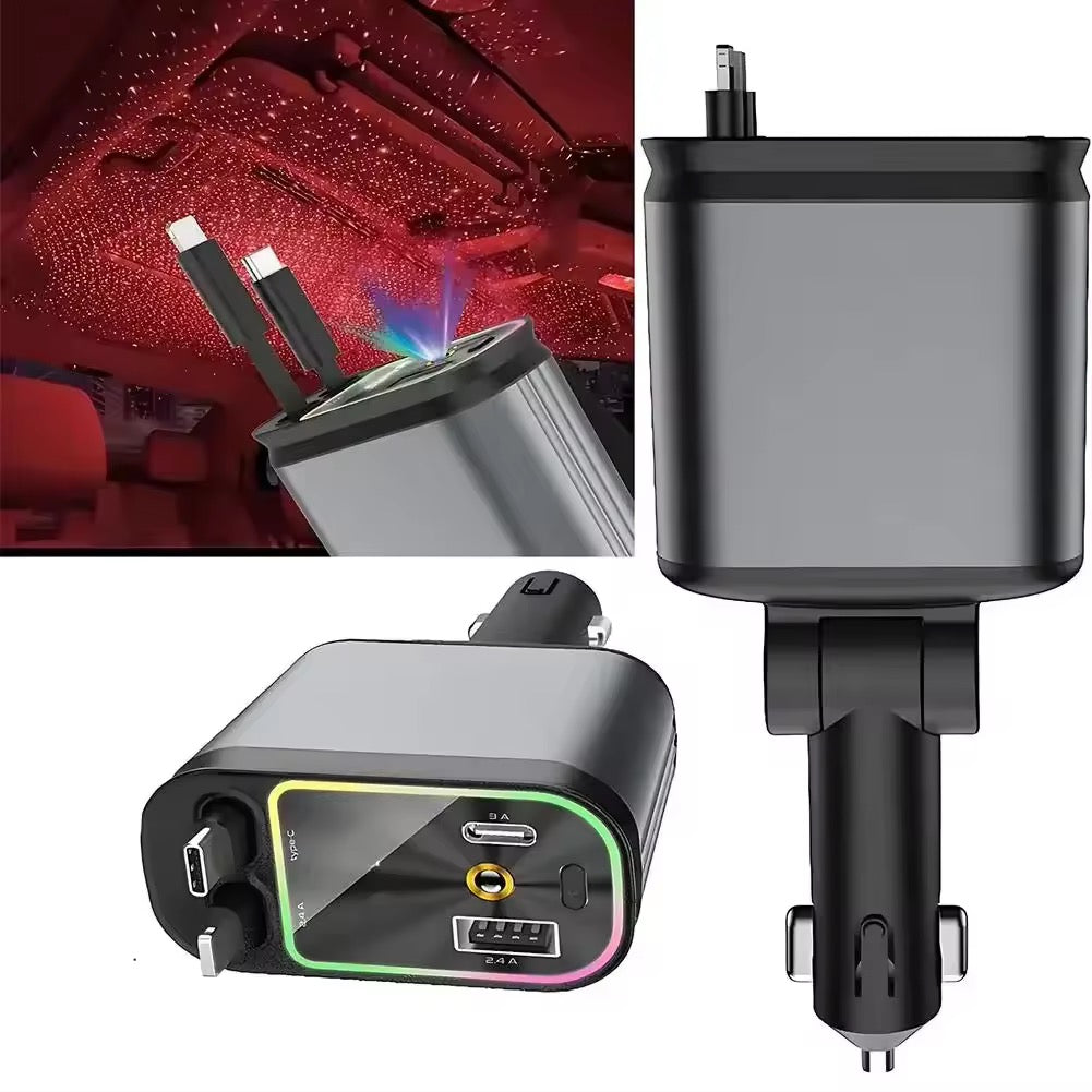 Car Roof Starlight 4 In 1 Retractable 66w Car Charger Dual Type-C Fast Adapter