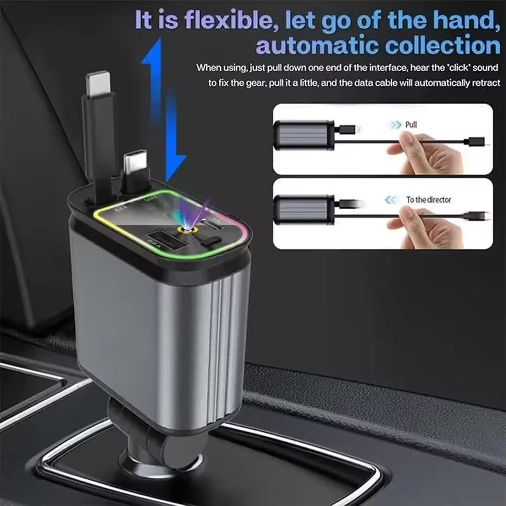 Car Roof Starlight 4 In 1 Retractable 66w Car Charger Dual Type-C Fast Adapter