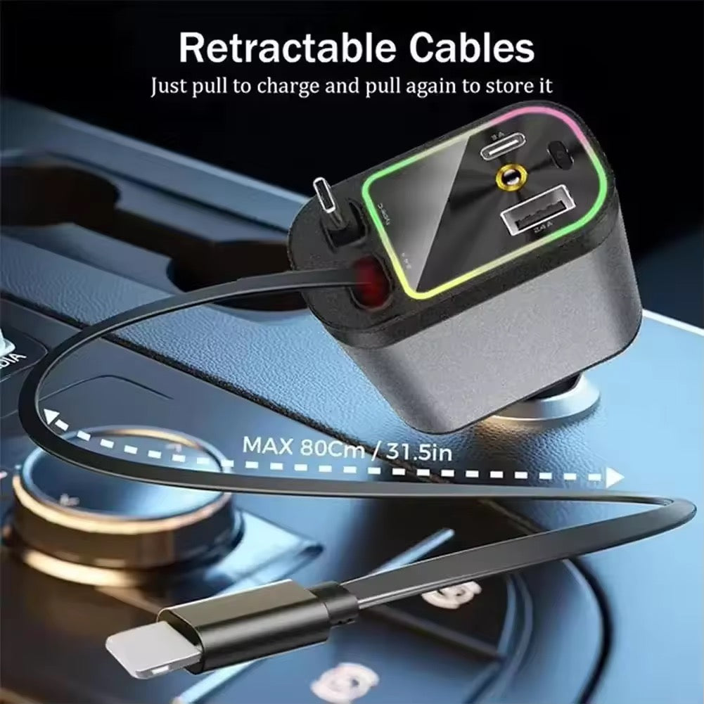 Car Roof Starlight 4 In 1 Retractable 66w Car Charger Dual Type-C Fast Adapter