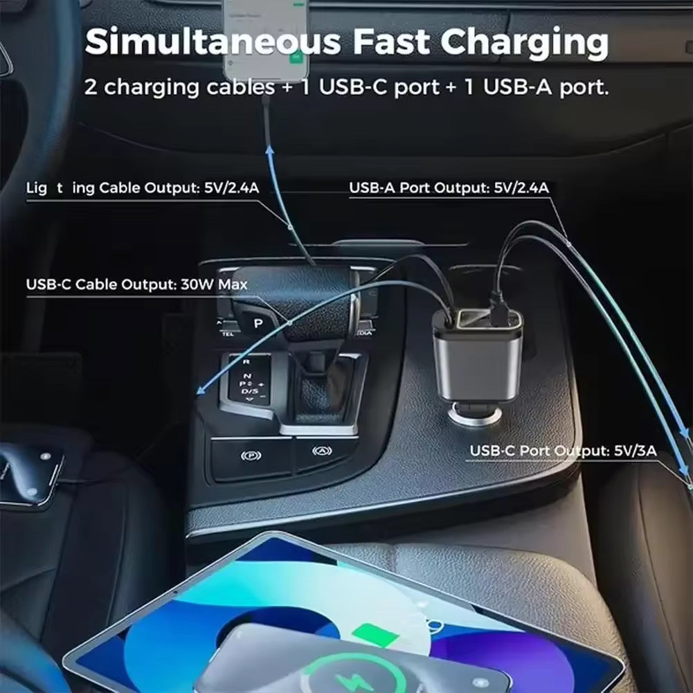 Car Roof Starlight 4 In 1 Retractable 66w Car Charger Dual Type-C Fast Adapter