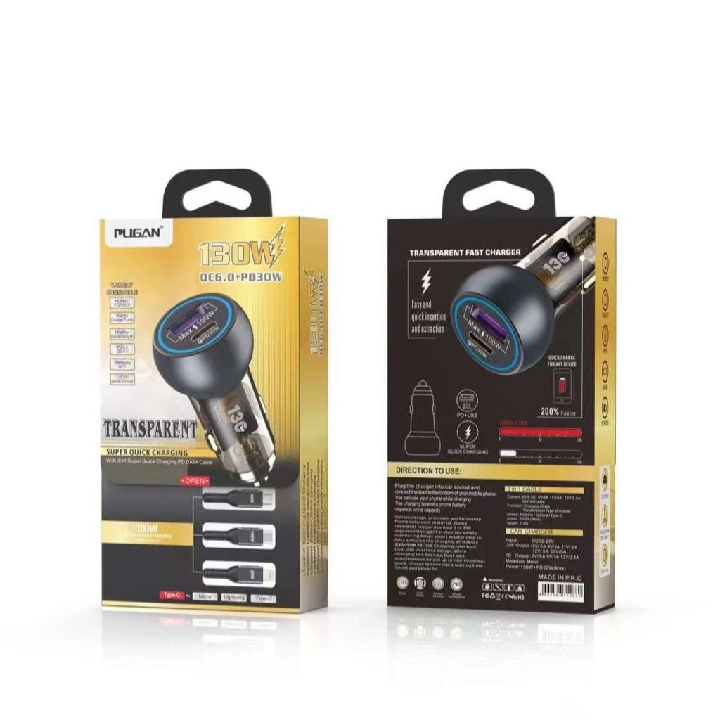 130W USB Pugan Car Fast Charger Cable With C Туре