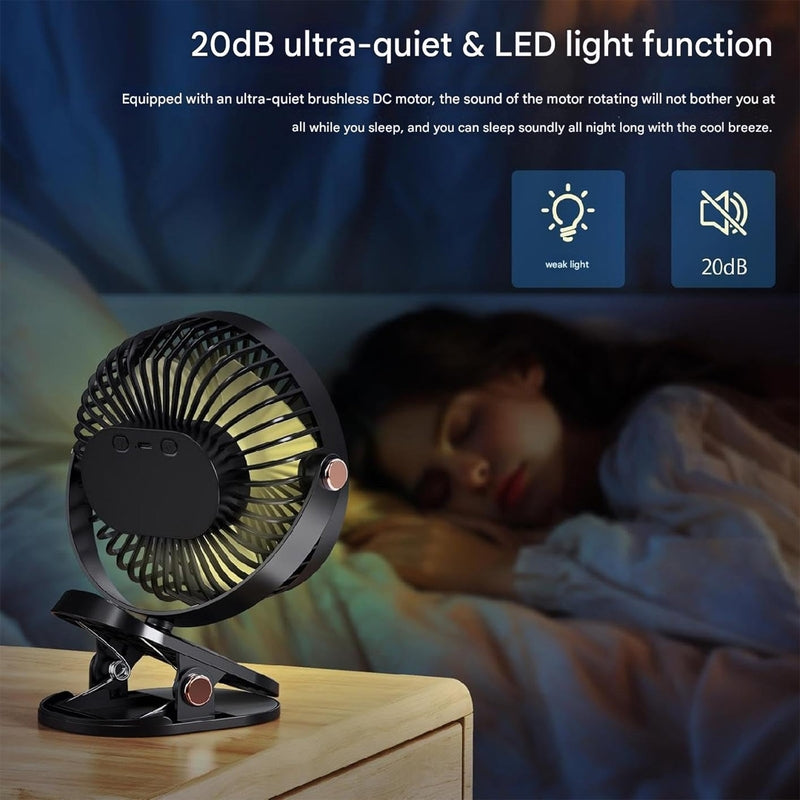 Rechargeable Desktop Mini Clip Fan with LED Light – Perfect for Travel, Home & Office