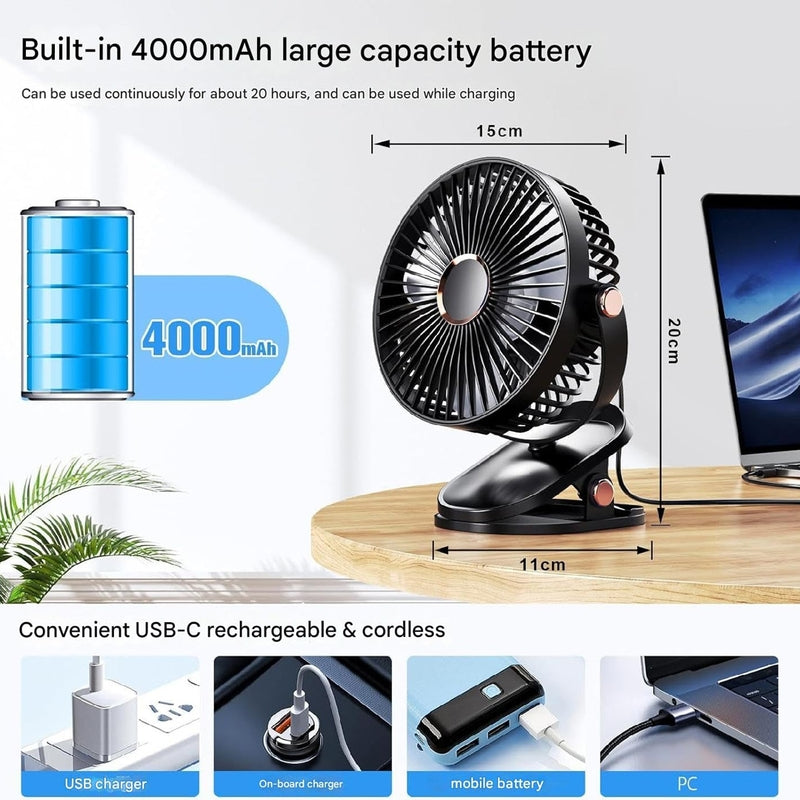 Rechargeable Desktop Mini Clip Fan with LED Light – Perfect for Travel, Home & Office