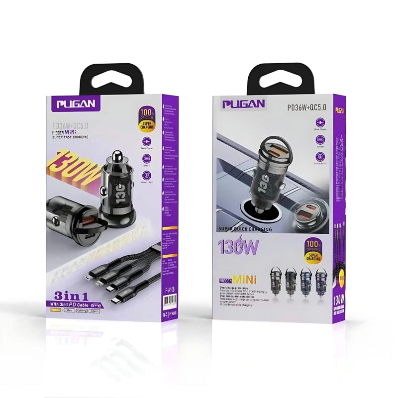 Pugan Car Charger 130W – High-Speed Fast Charging for Multiple Devices