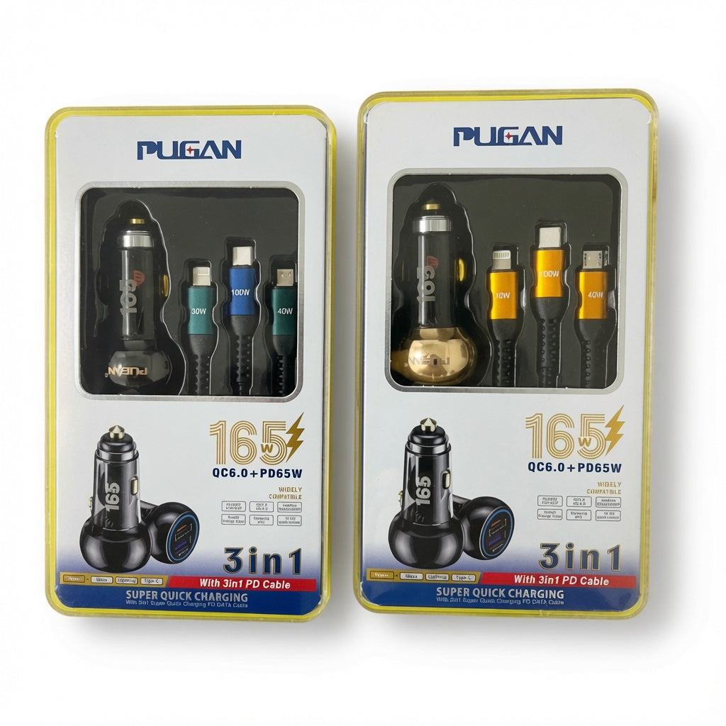 3 in 1 Pugan Car Charger 165W – High Power, Multi-Port Solution
