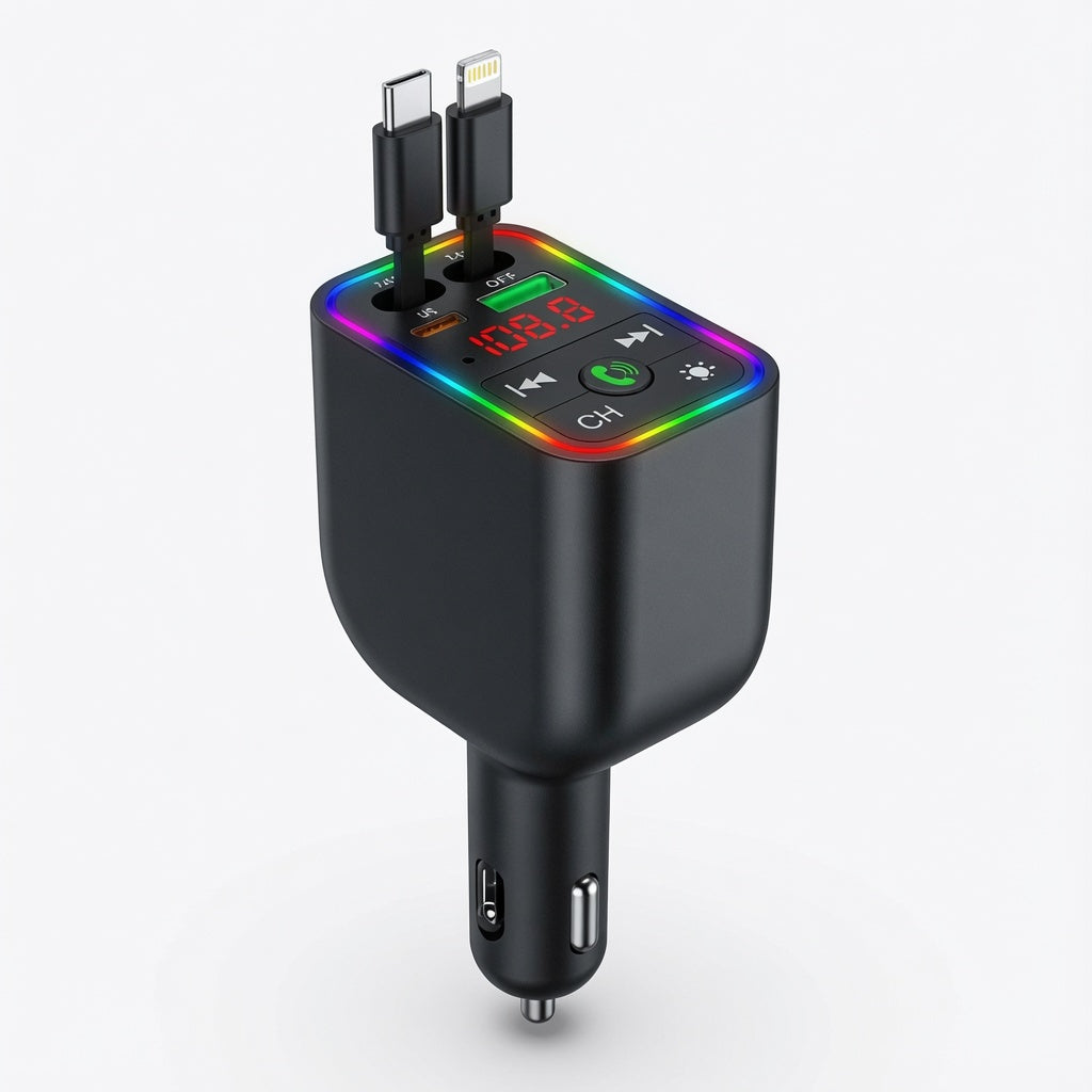 Bluetooth 7 Colors LED Wireless Mp3 Car Kit FM Transmitter Audio Receiver Retractable USB Type-C 2 Ports Fast Car Charger