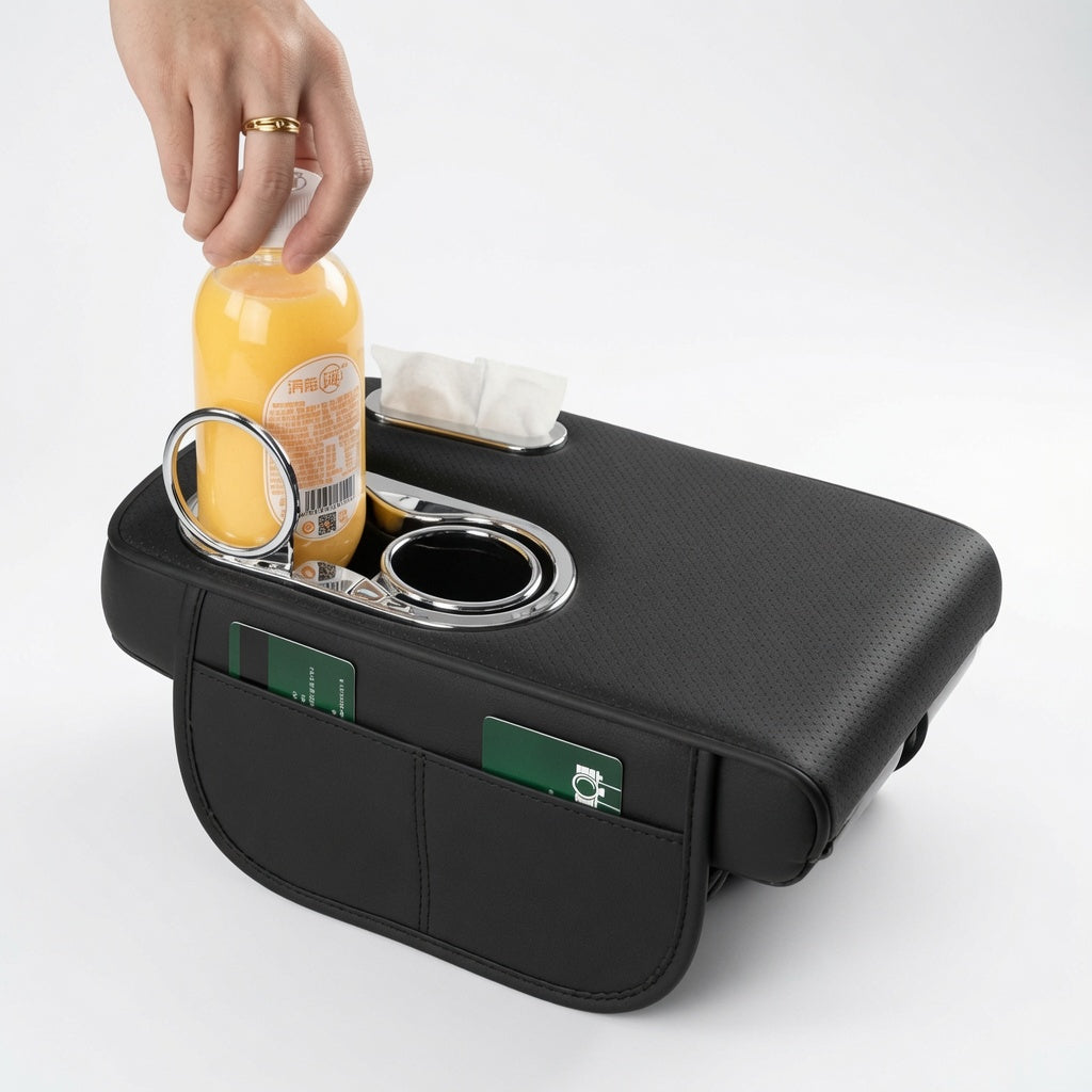Multifunctional Car Center Console Armrest Tissue Box with Cup Holder – Premium Car Organizer